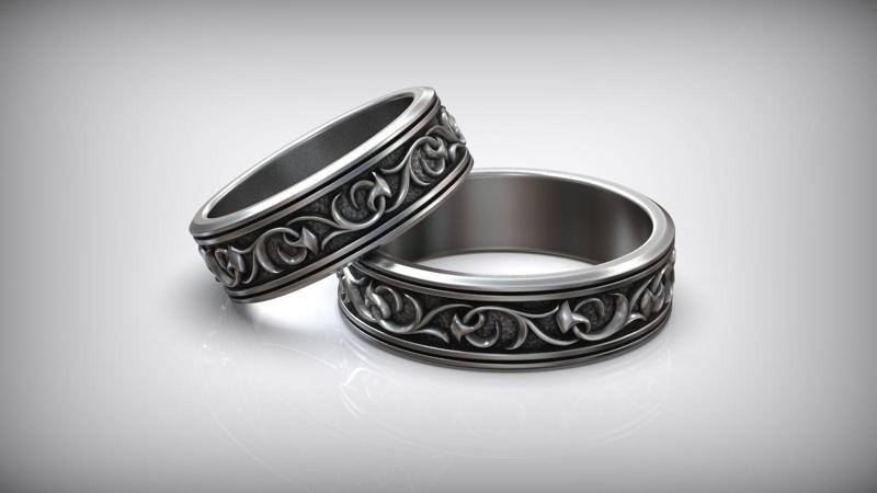 Wedding Band Flower Pattern Oxidized Rings