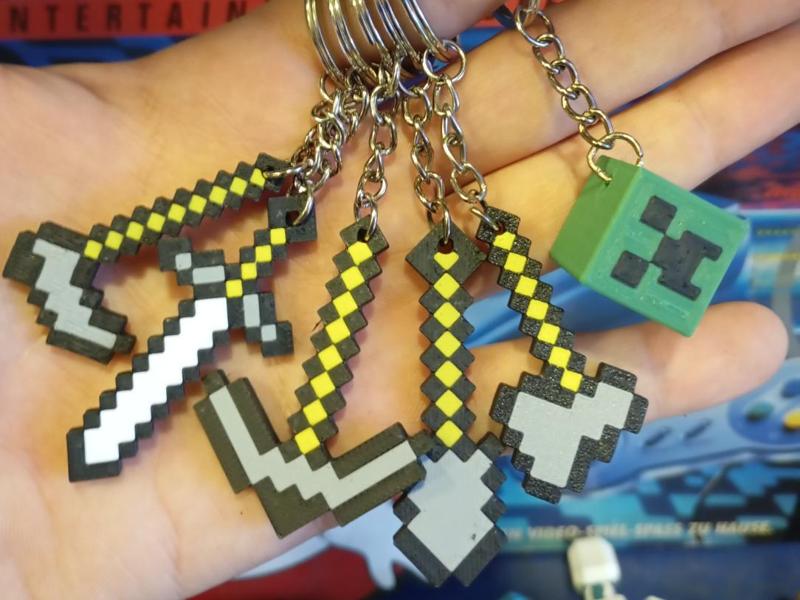 minecraft weapons sword, axe, pickaxe  keychain