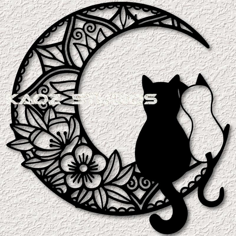 mandala cats on the moon wall art sitting kitties wall decor 2d art