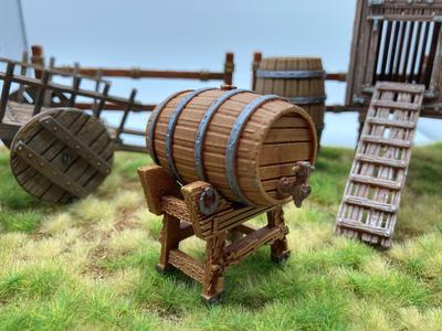 Medieval wooden barrel with stand, scale 1:25