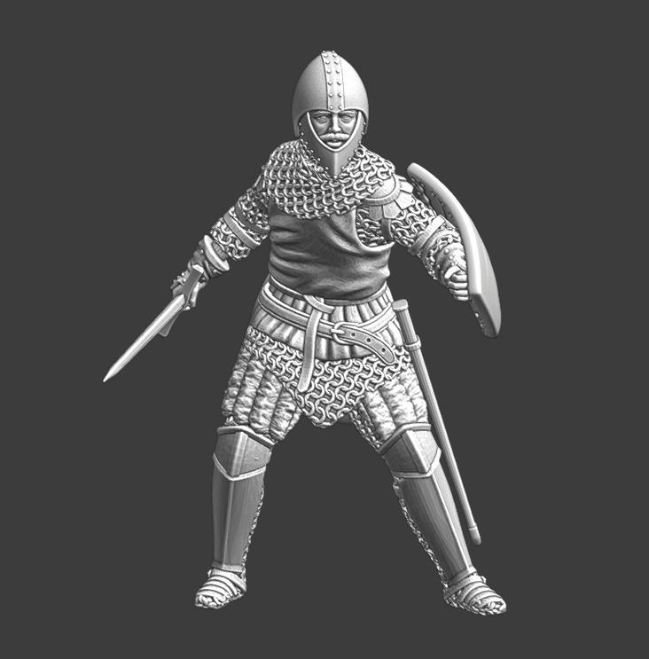 Medieval knight with sword and special helmet