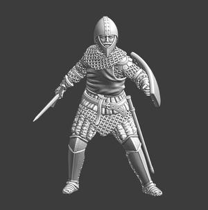 Medieval knight with sword and special helmet