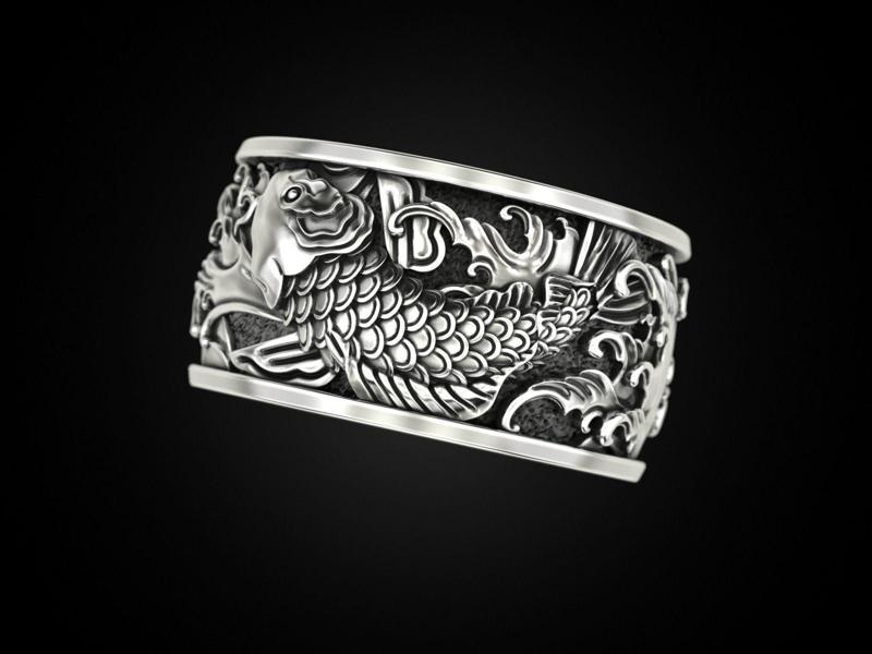 Two Japanese carp and waves