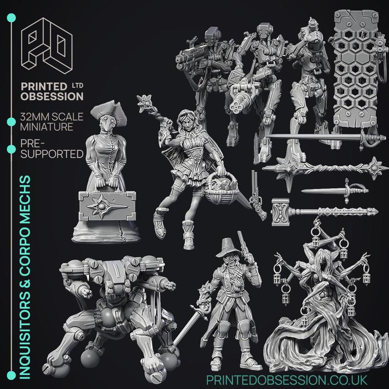 Inquisitors & Corpo Mechs pack - 12 Models - PRESUPPORTED - 32mm Scale