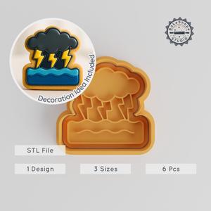 Ocean Thunderstorm Cookie Cutter & Stamp Set, Perfect for Fondant, 3 Sizes, Cloud & Wave Design, Marine Thunderstorm Theme PRODUCT_1117