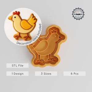 Hen Shape Cutter & Stamp, Cookie & Fondant, 3 Sizes S/M/L, Barnyard & Easter Theme, Poultry Hen STL Set PRODUCT_484