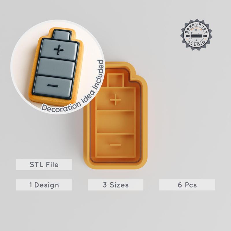 Battery Shape Cutter & Stamp Set, Energy-Themed, Cookie & Fondant, S/M/L Sizes, 6-Piece Electric Design PRODUCT_545