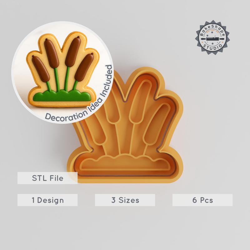 Cattail Cookie Cutter & Stamp Set, 3 Sizes, Reed Plant Fondant Mold, Wetland Aquatic Grass Design PRODUCT_409