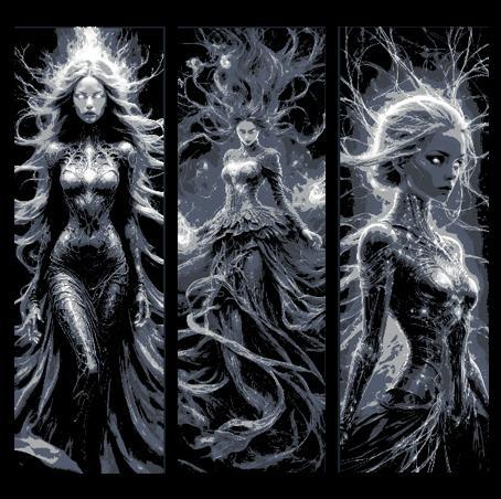 The Fates, Clotho, Lachesis, and Atropos intertwining the string of life - Set of 3 Bookmarks