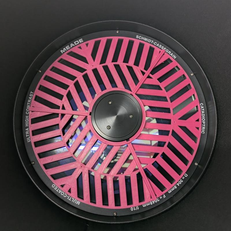 Parametric Tri-Bahtinov mask for Meade LX-200 GPS 12" telescope (parametric, modify for other telescopes with a center obstruction cylinder)