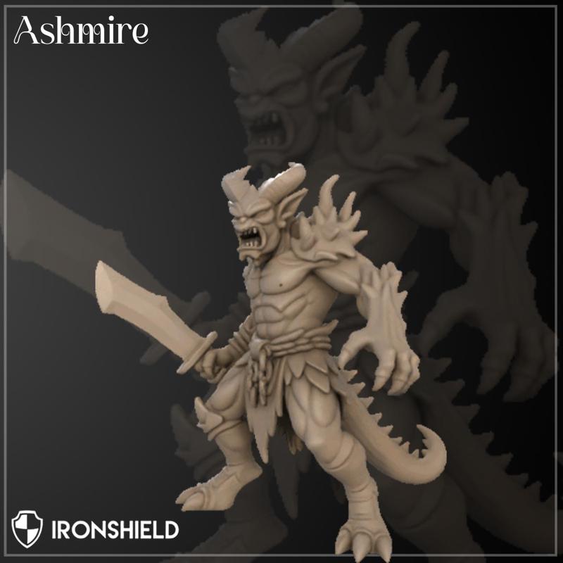 Ashmire - Demonic Lizard-Horned Warrior Miniature with Base | Fantasy Villain or Monster for DnD & TTRPG