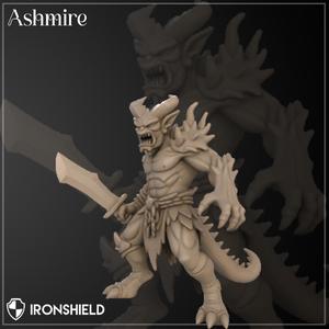 Ashmire - Demonic Lizard-Horned Warrior Miniature with Base | Fantasy Villain or Monster for DnD & TTRPG