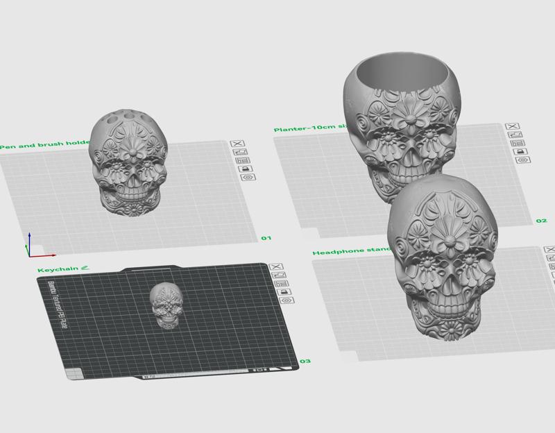 Flower Skull Calavera - Paintbrush Holder / Headphone Stand / Keychain / Flower Pot - 3D print STL a
