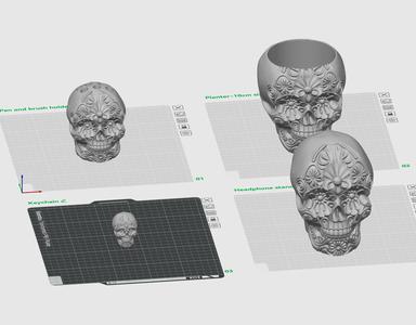 Flower Skull Calavera - Paintbrush Holder / Headphone Stand / Keychain / Flower Pot - 3D print STL a