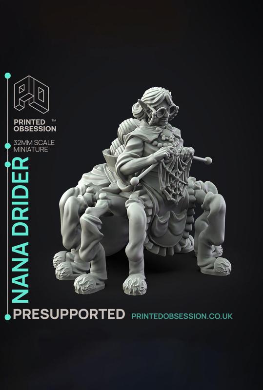 Nana Drider - Dungeon Cleaning Inc - PRESUPPORTED - Illustrated and Stats - 32mm scale			