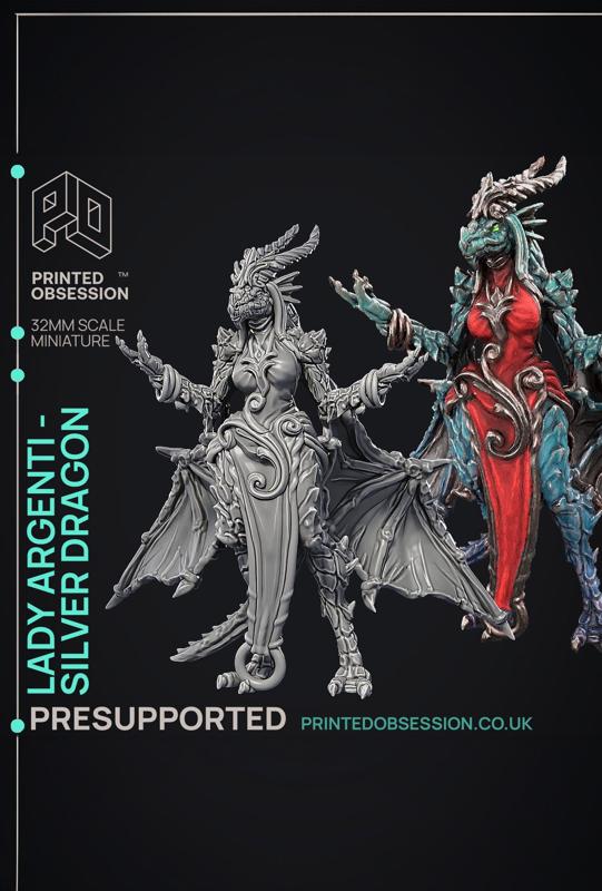 Lady Argenti - Female Silver Dragon Humanoid Form - PRESUPPORTED - Illustrated and Stats - 32mm scal