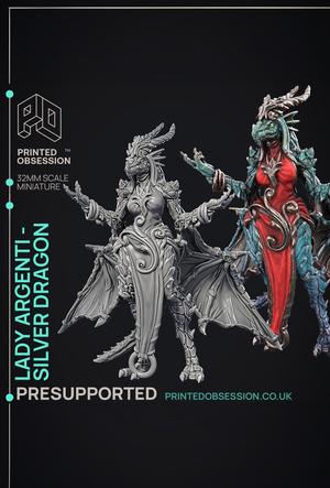 Lady Argenti - Female Silver Dragon Humanoid Form - PRESUPPORTED - Illustrated and Stats - 32mm scal