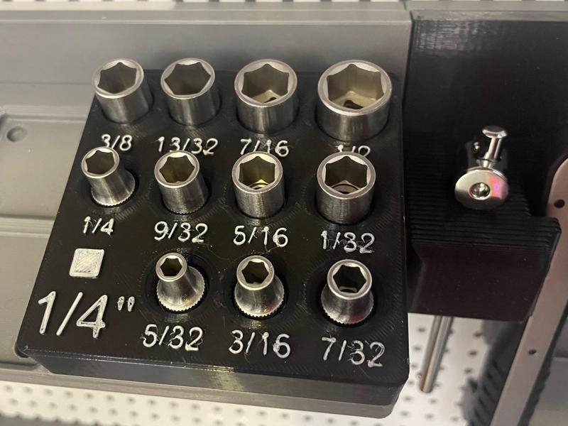 socket holder 5/32 - 1/2 sae, 1/4" drive ratchet, gridfinity