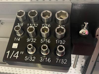 socket holder 5/32 - 1/2 sae, 1/4" drive ratchet, gridfinity