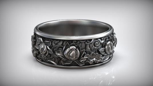 Japanese Lotus Flower Kanji Ornamental Wedding Band