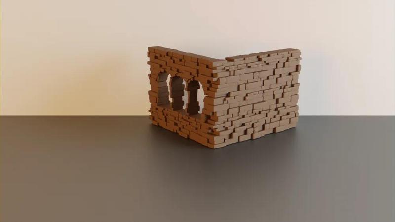 Ruined corner wall #5 with multiple windows - wargaming terrain