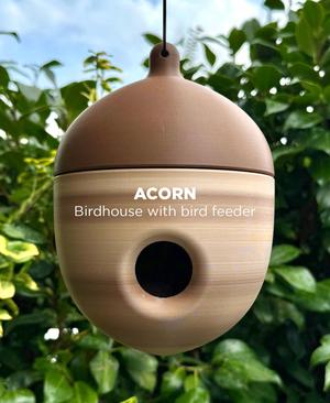 Acorn, birdhouse with integrated bird feeder.