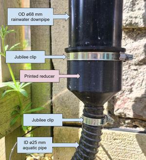 Rainwater downpipe reducer to aquatic hose (pipe OD 65mm --> ID 25mm hose)