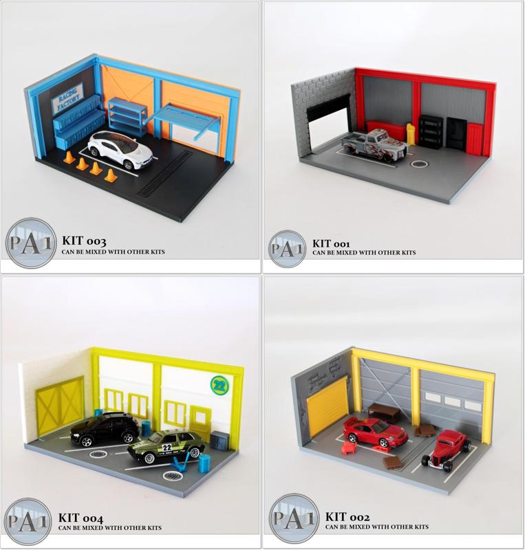 FULL PACKAGE - SET OF 4!! MINI GARAGE DIORAMAS 1/64 SCALE DIECASTS
