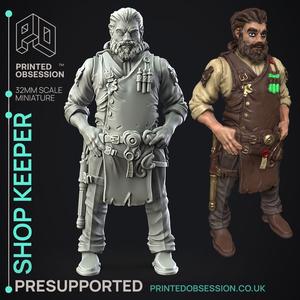 Shop Keeper - NPC -  PRESUPPORTED - Illustrated and Stats - 32mm scale