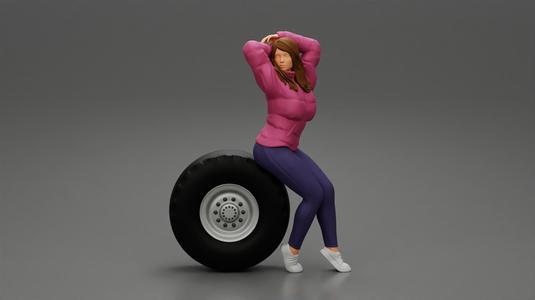 sexy girl in jacket and pants sitting  and hands in hair