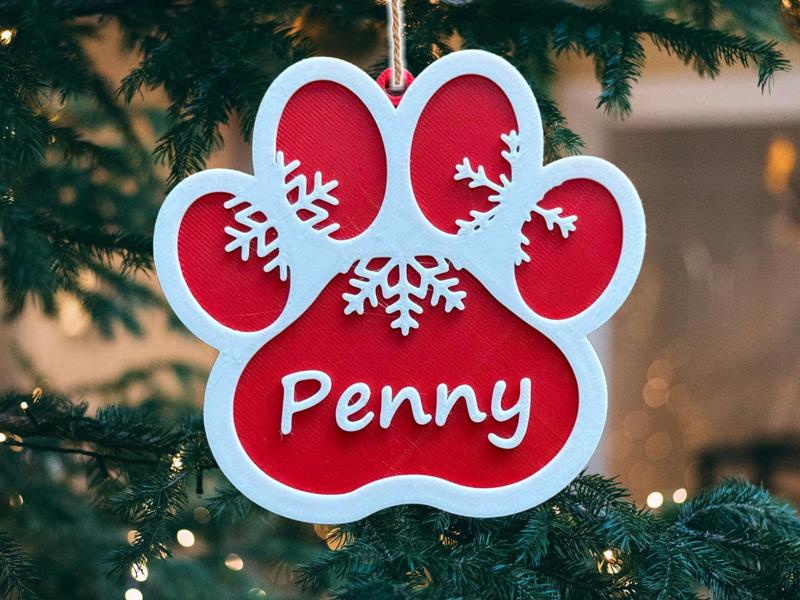 Christmas Ornament: Custom Cat Name Paw Ornament
