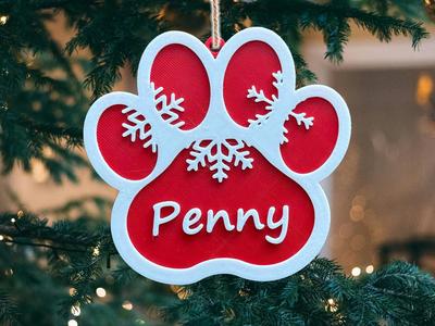 Christmas Ornament: Custom Cat Name Paw Ornament