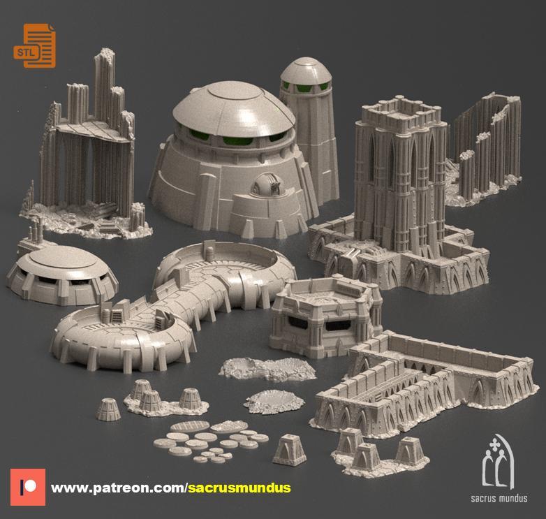 The War Zone. 3d Printing Designs Bundle. Gothic and Futuristic Fortress Bunker, Trenches and Ruins. Terrain and Scenery for Wargames