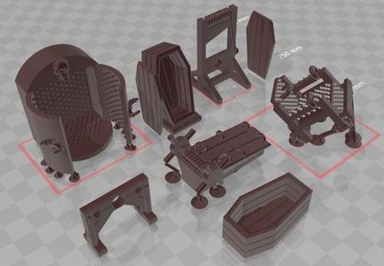 Torture Equipment - Rack/Coffin/Stocks/Guillotine/Chair/Iron Maiden 28mm