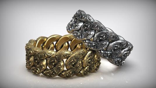 Miami Cuban Chain Link Ring Oxidized Floral Pattern