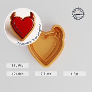 Devil Heart Cutter & Stamp, Cookie & Fondant, 3 Sizes S/M/L, 6 Piece Set, Sinful Heart Design PRODUCT_199
