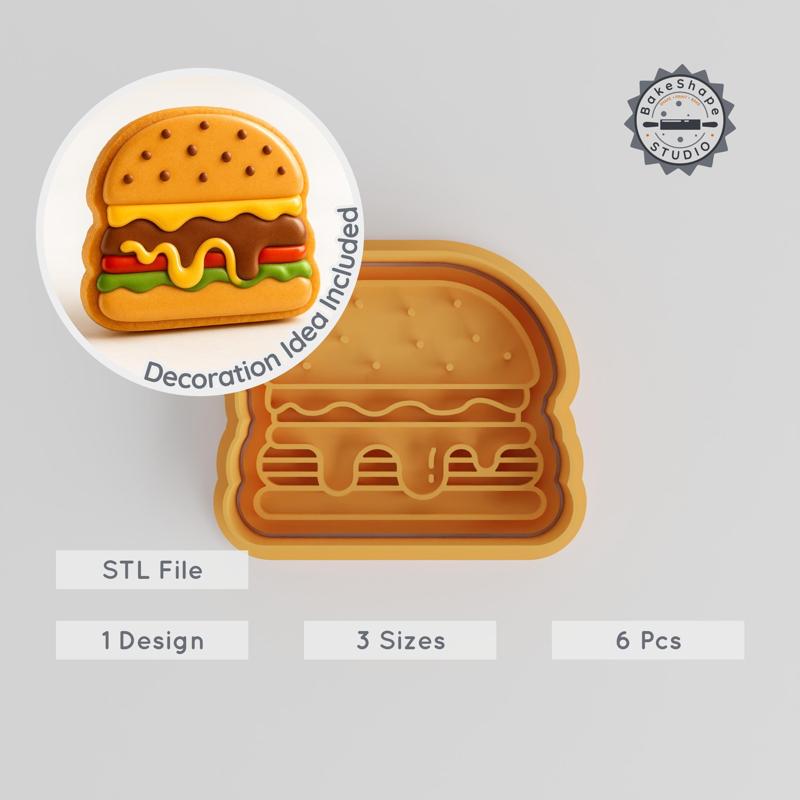 Burger Shape Cutter & Stamp Set, Cookie & Fondant, 3 Sizes S/M/L, 6-Piece Sandwich Baking Tool Collection PRODUCT_765