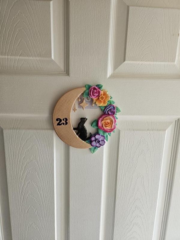 Cat wreath floral halloween door number plaque