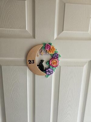Cat wreath floral halloween door number plaque