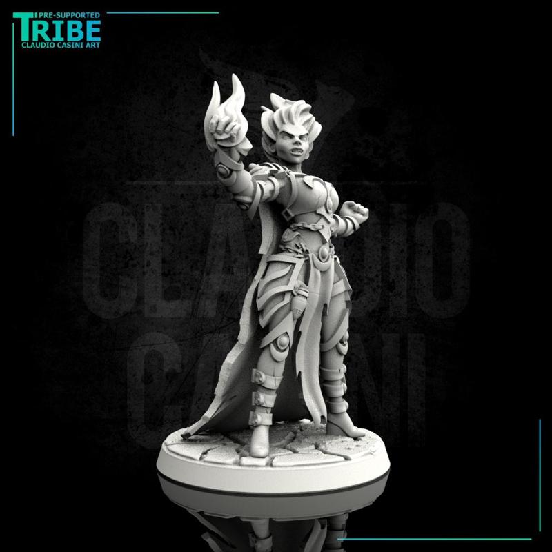 (0032) Female human elf half orc tiefling elemental fire wizard