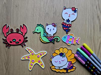 Cute Cat Mermaid Rainbow Sea DIY Coloring Craft