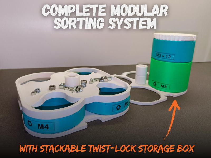 Complete Modular Sorting System with Stackable Twist-Lock Storage Box