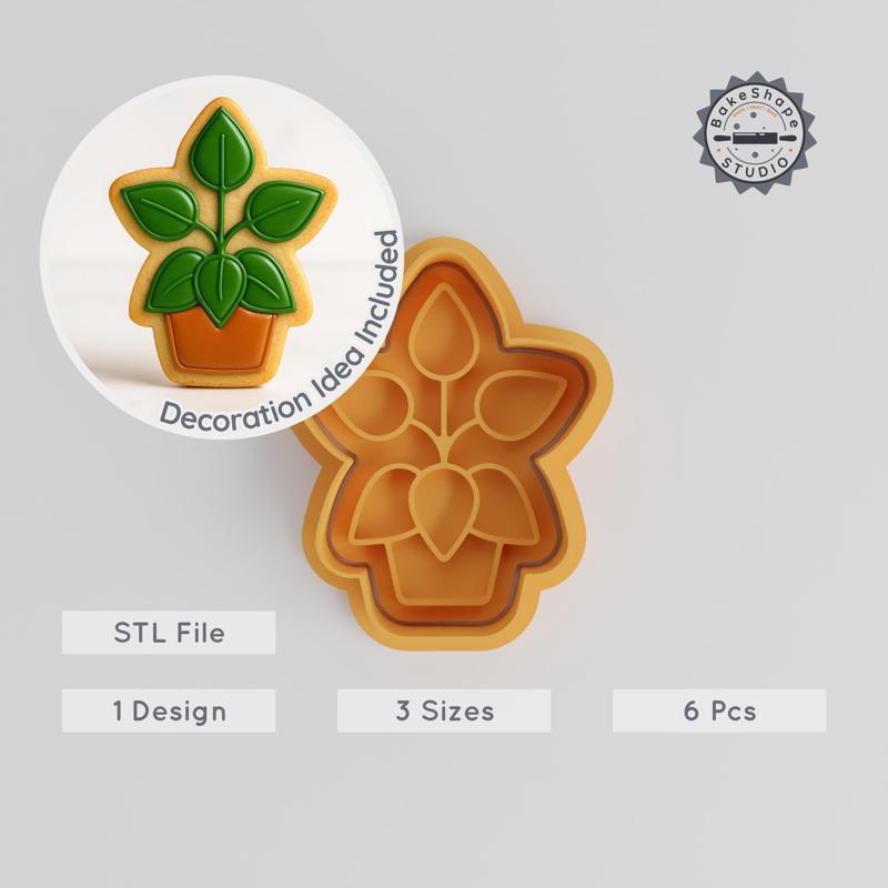 Peperomia Shape Cutter & Stamp, Cookie Fondant Set, Plant Decor, Floral Pot Design, 3 Sizes, 6 Pieces PRODUCT_402