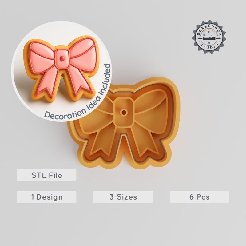 Bow Shape Cutter & Stamp Set, Perfect for Cookies & Fondant, 3 Sizes, 6 Pieces, Festive Holiday & Decoration Bow PRODUCT_485