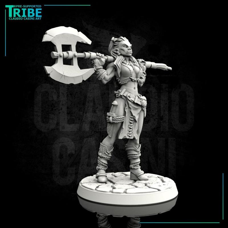 (0096) Female human elf half-orc tiefling firbolg barbarian with big axe