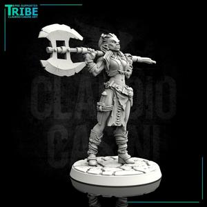 (0096) Female human elf half-orc tiefling firbolg barbarian with big axe