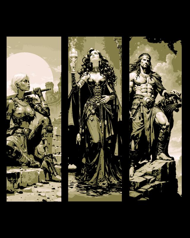 fantasy paintings of the heroes - sorceress, warrior and thief - set of bookmarks