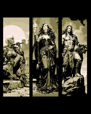 fantasy paintings of the heroes - sorceress, warrior and thief - set of bookmarks