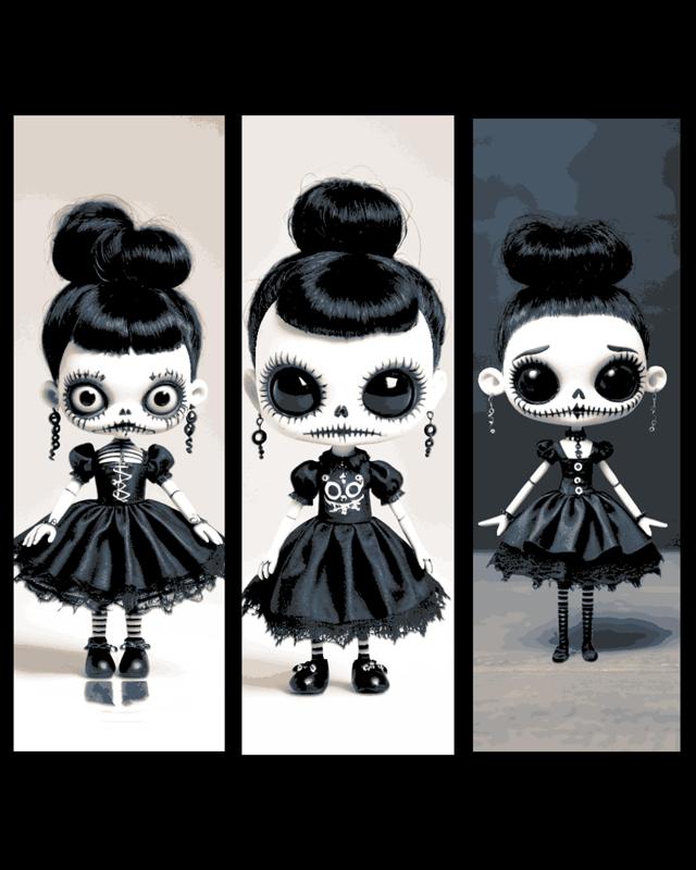 Day of the Dead Doll in the style of a Gothic dressed girl - Set of bookmarks