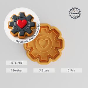 Gear Heart Shape Cutter & Stamp, Cookie & Fondant Decor, 3 Sizes, 6-Piece Set PRODUCT_209